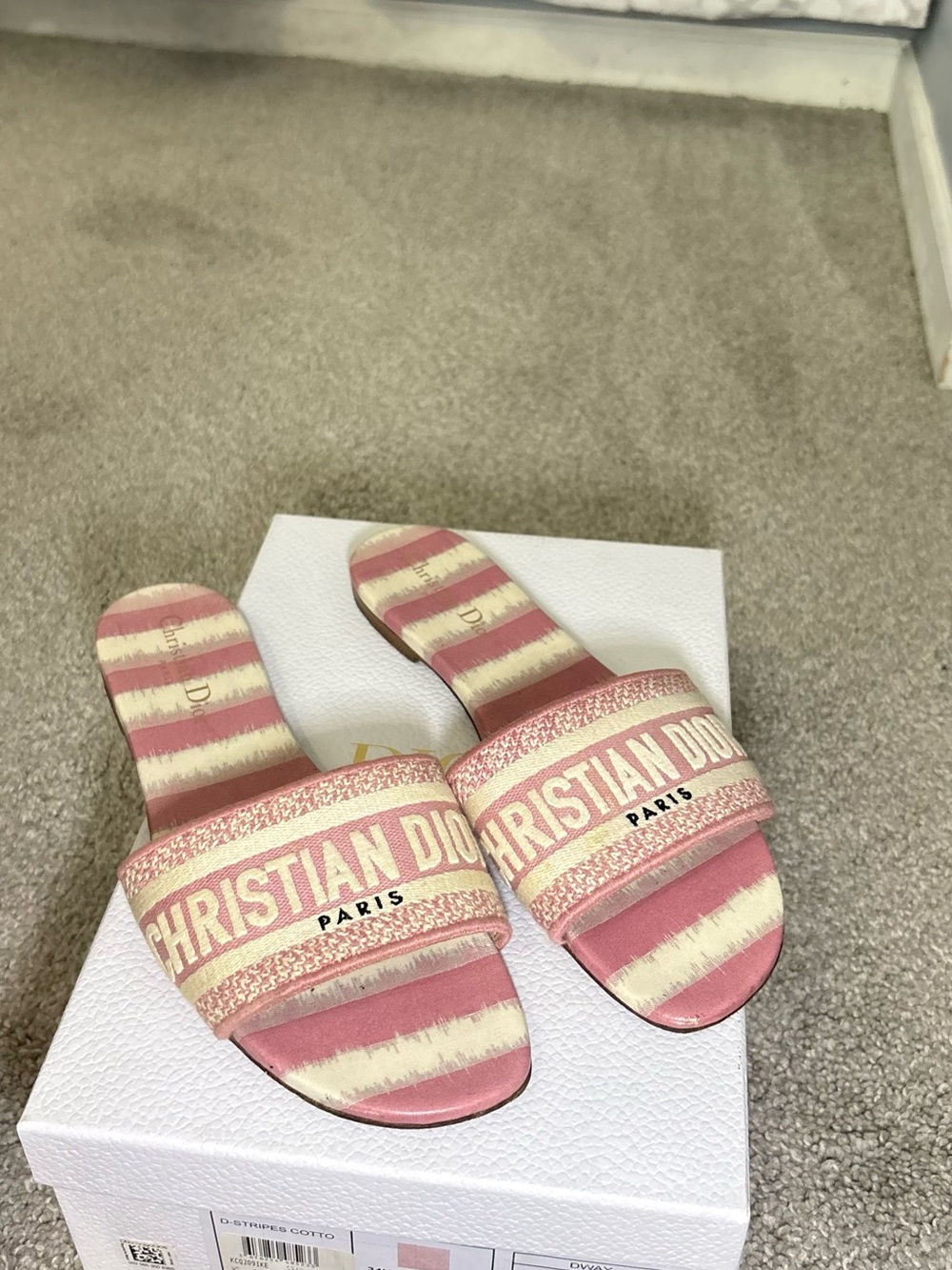 Dior Pink and Cream Striped Slide Sandals with Logo Band